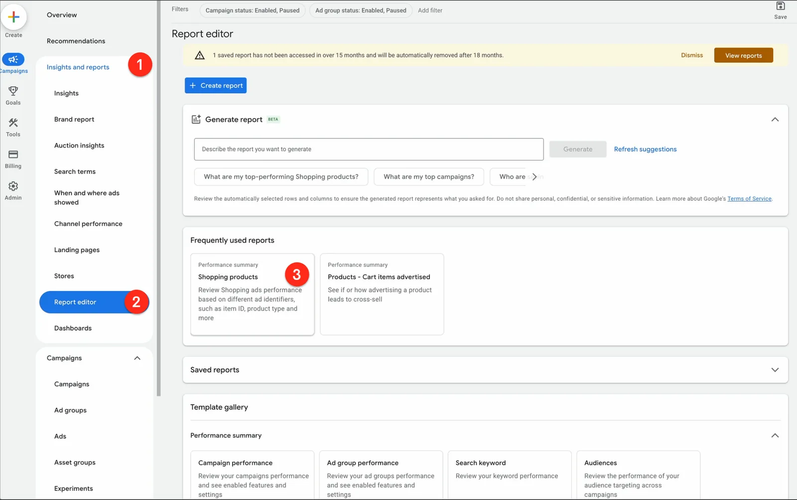 Google Ads Report editor with the Shopping products report highlighted under Insights and reports